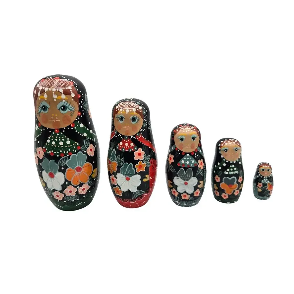 Vintage 5 Piece Russian Nesting Stacking Dolls Painted Floral Handmade